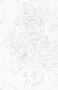 Light pencil drawing of a map of the Mickel Kingdoms which identifies geo-political boundaries and major geographic regions such as forests, swamps, hills, and mountains.