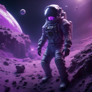 A person in a sapce suit standing on a violet asteroid. In the background are a large celestial body (planet) and a number of smaller ones.